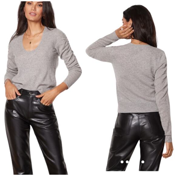 Frame NWT Long Sleeve Scoop Neck Sweater 100% Cashmere Gray Size XL Ruched - Picture 1 of 12